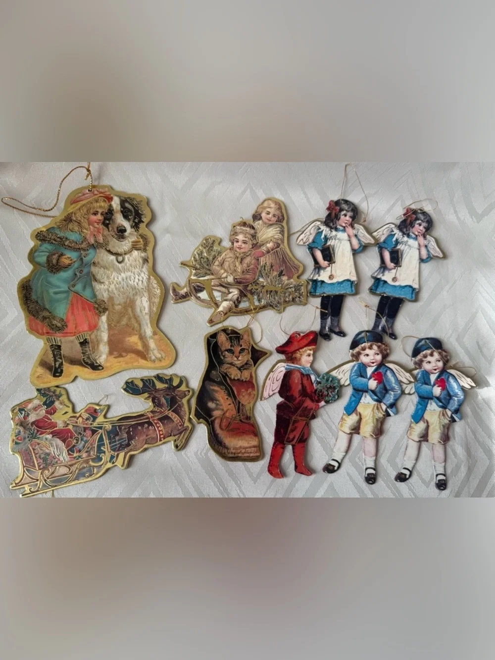 Vintage Holiday Christmas Paper Ornaments Set with Red, Blue, and Gold Accents